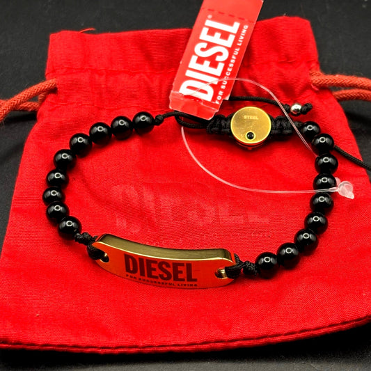 Diesel DX1360710 Men’s Black Bead Gold Tone ID Adjustable Bracelet NIBWT