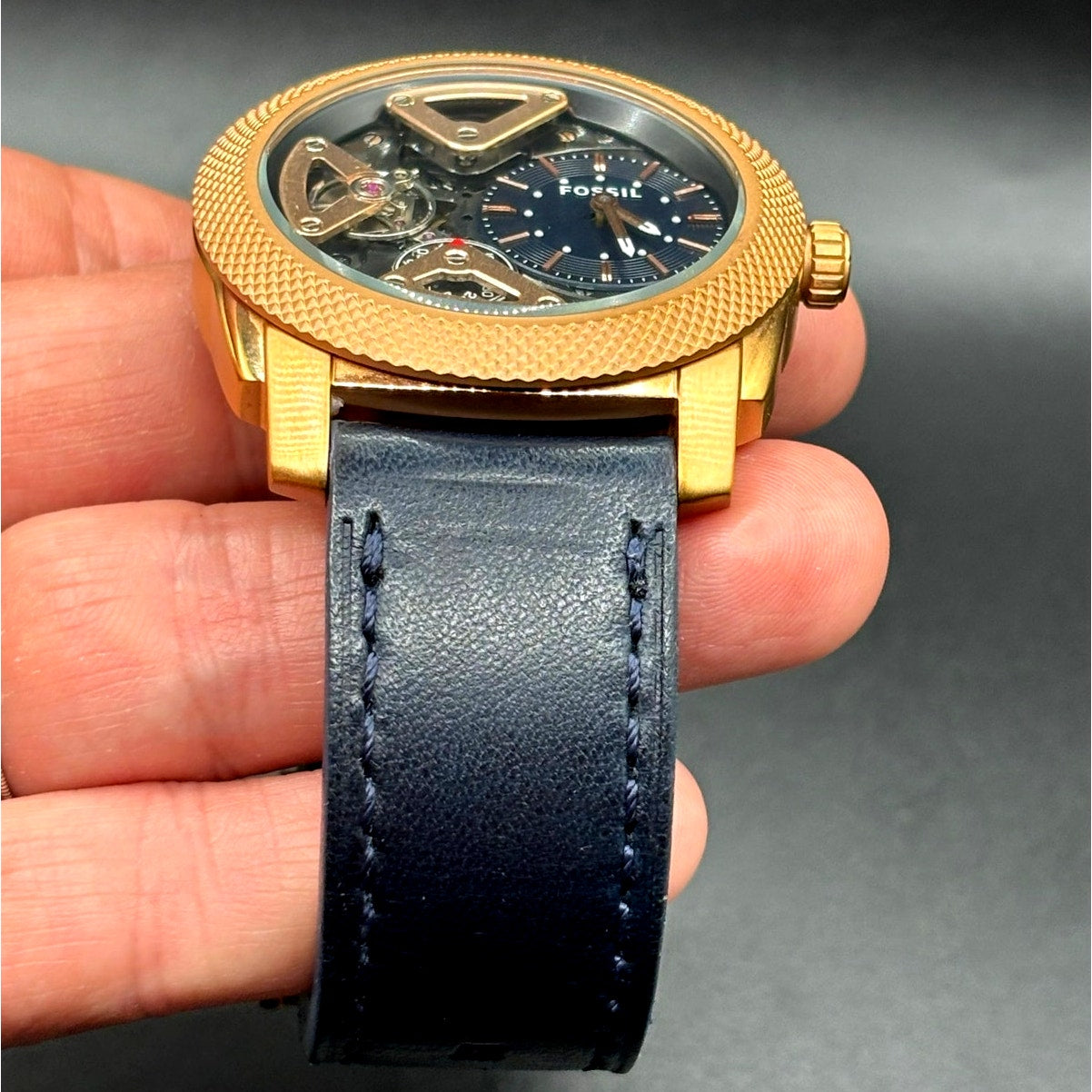 Fossil ME1158 Machine Twist Hybrid Rose Gold Blue Leather Men's Watch 45mm