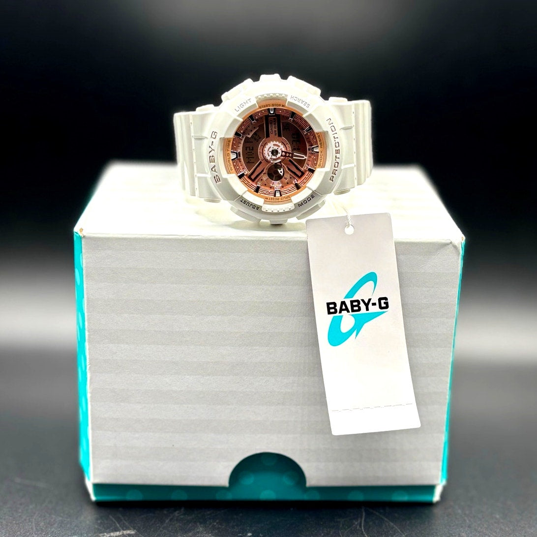 Casio Baby-G BA-110-7A1 White Rose Gold Analog Digital Women's Watch 100M NIBWT