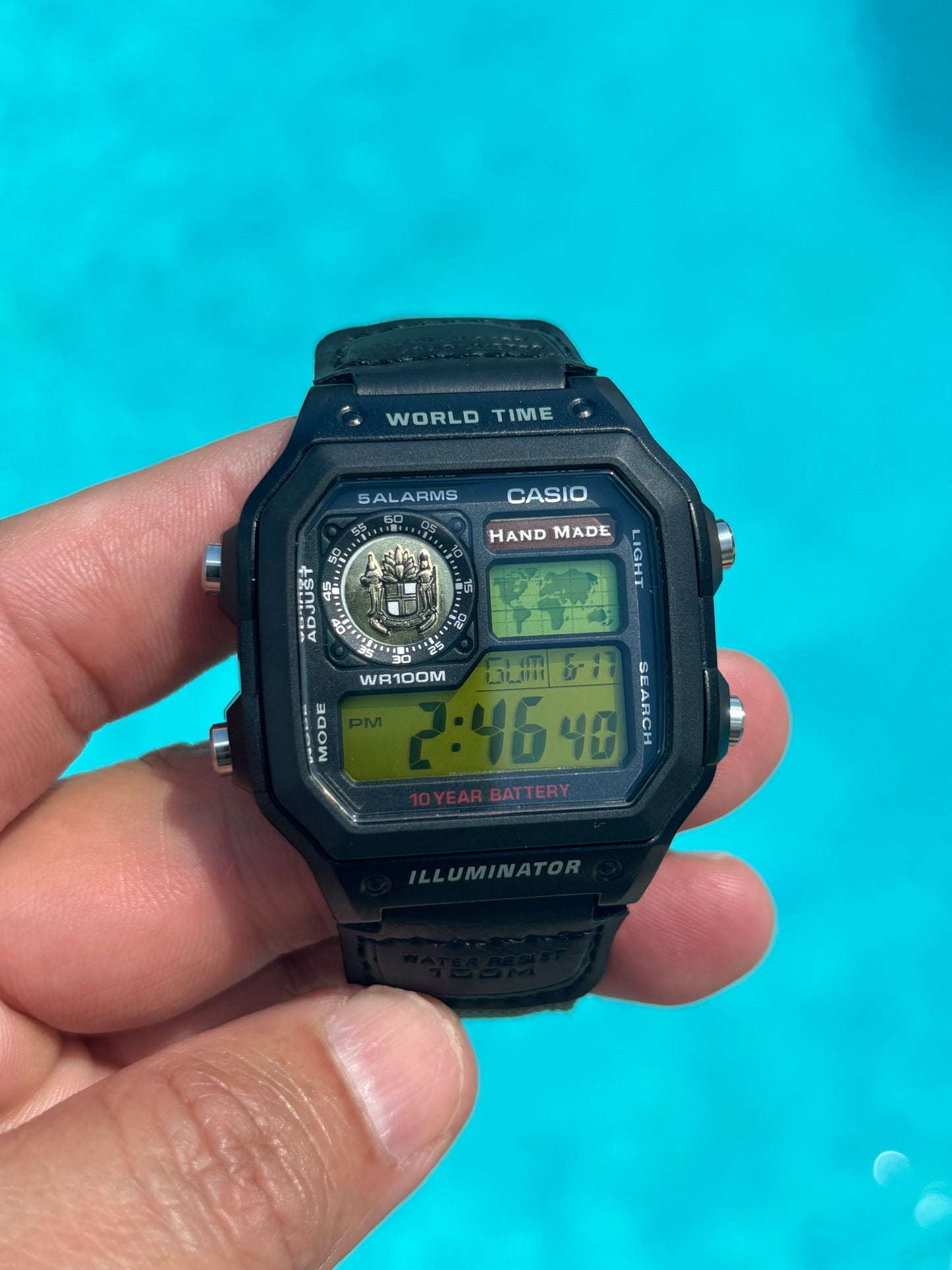 Modded Casio AE1200WH-1A “Cigar Edition” – Green Nylon Strap, Two-Tone Gel Filter & Handmade Emblem