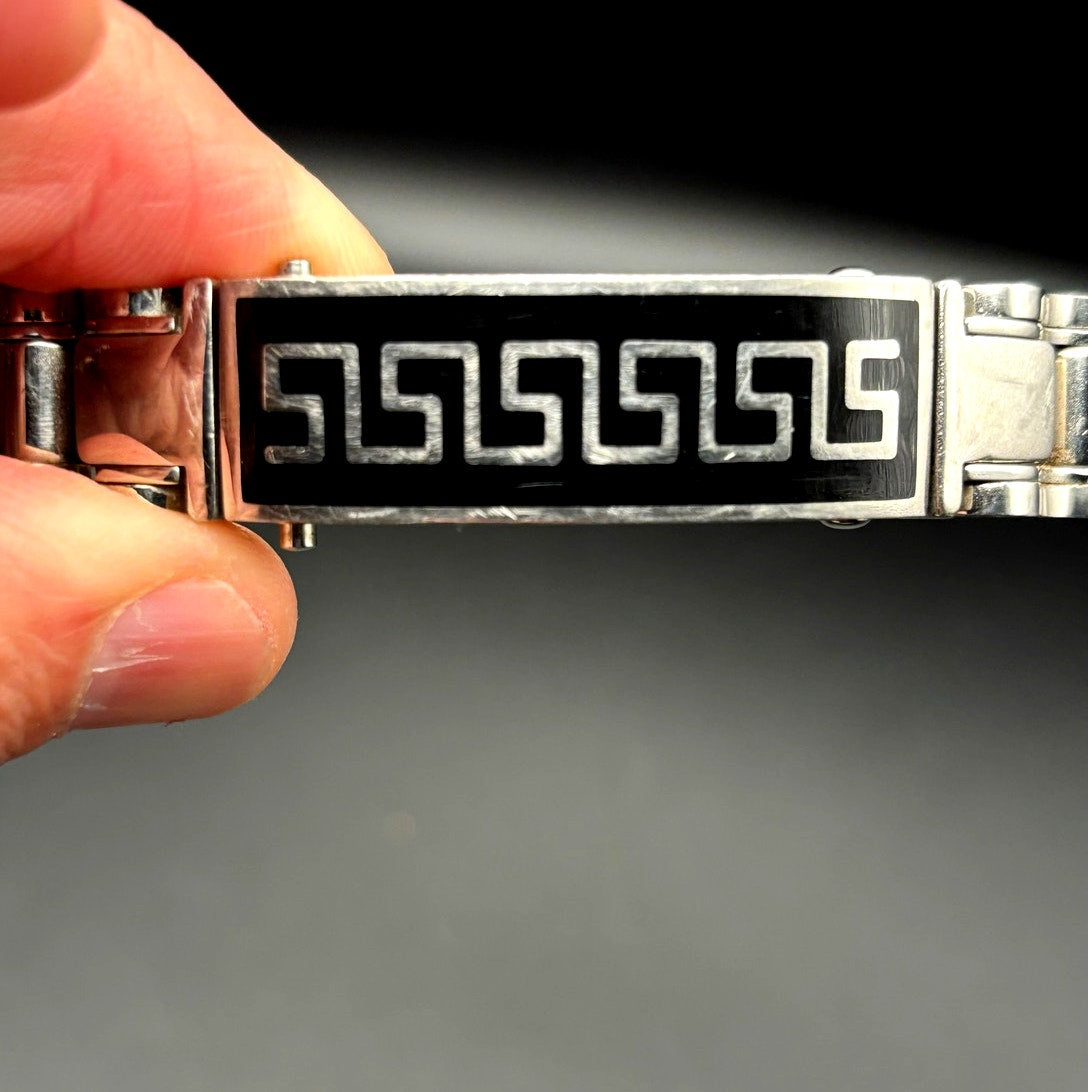 Mens Stainless Steel Chain Bracelet Black Onyx Inlay Greek Key New In Box