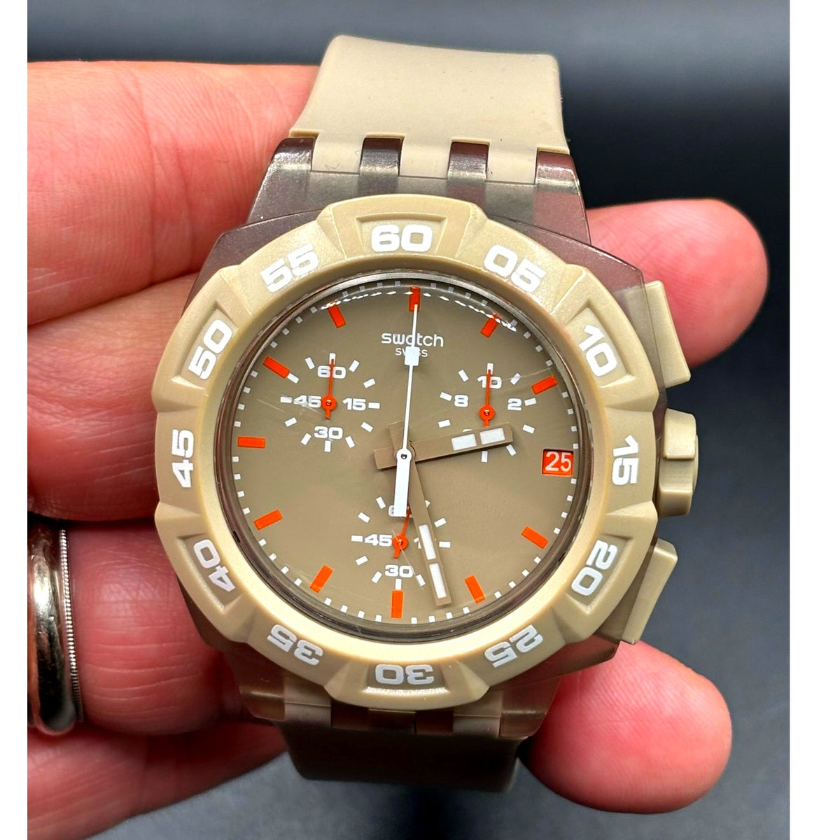 Swatch Beige Hero SUIT400 Chronograph Swiss Quartz Men’s Watch 44mm