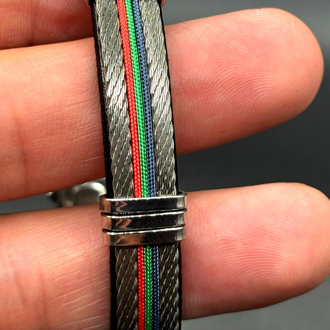 AMEN Italian Stainless Steel Cable Men's Bracelet Leather Red Green Blue NWT