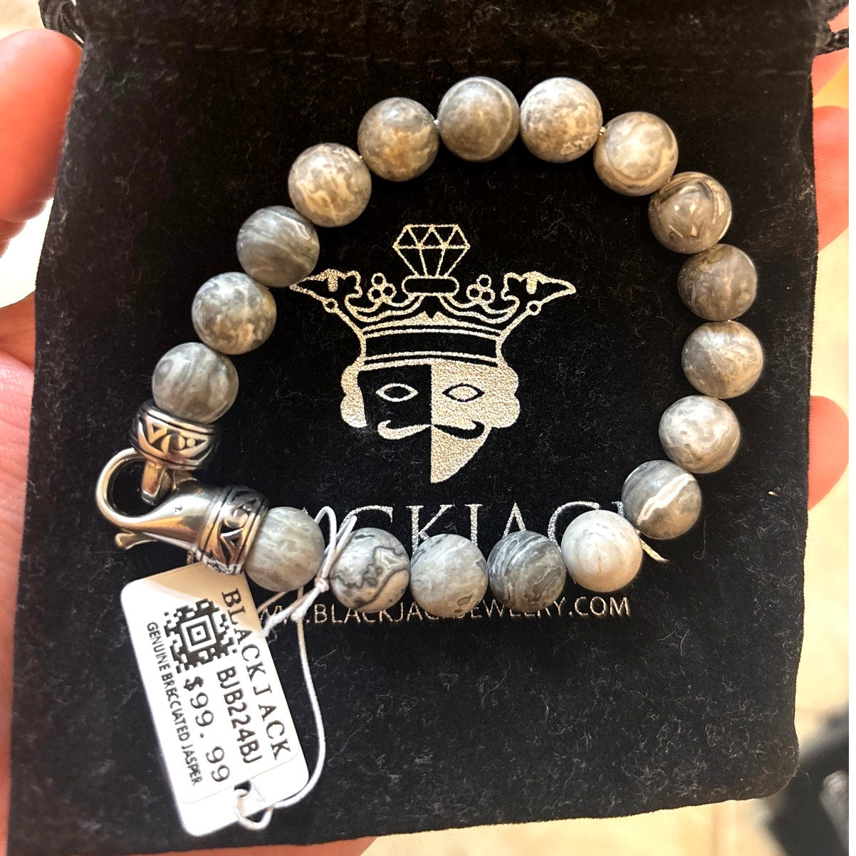 Blackjack BJB244BJ Men’s 10mm Gray Jasper Stainless Steel Beaded Bracelet NWT