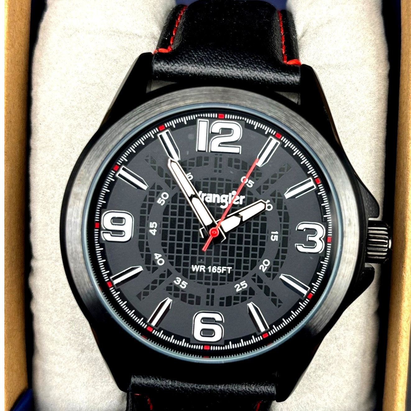Wrangler WRW2400-1A Mens Black Analog Watch Black Leather Red Stitching Strap