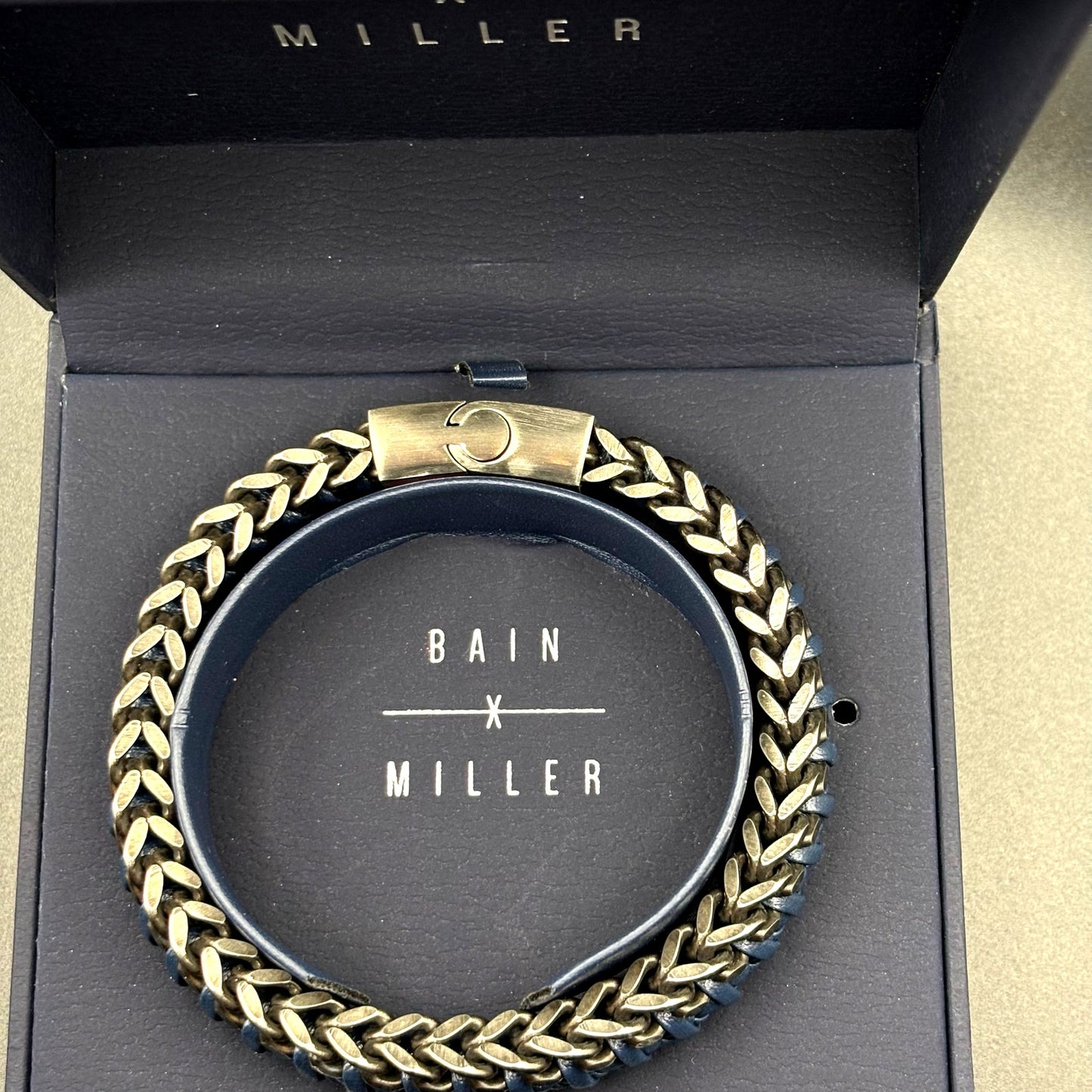 Bain Miller Mens Stainless Steel Blue Leather Woven Bracelet Slide Lock Clasp