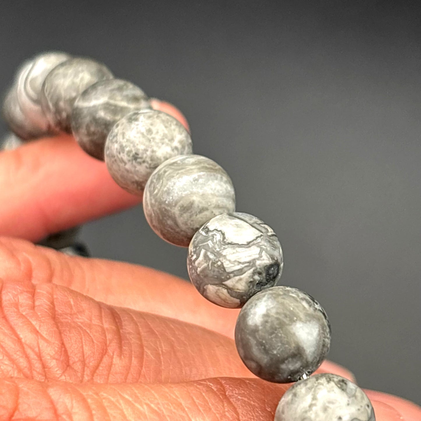 Blackjack BJB244BJ Men’s 10mm Gray Jasper Stainless Steel Beaded Bracelet NWT
