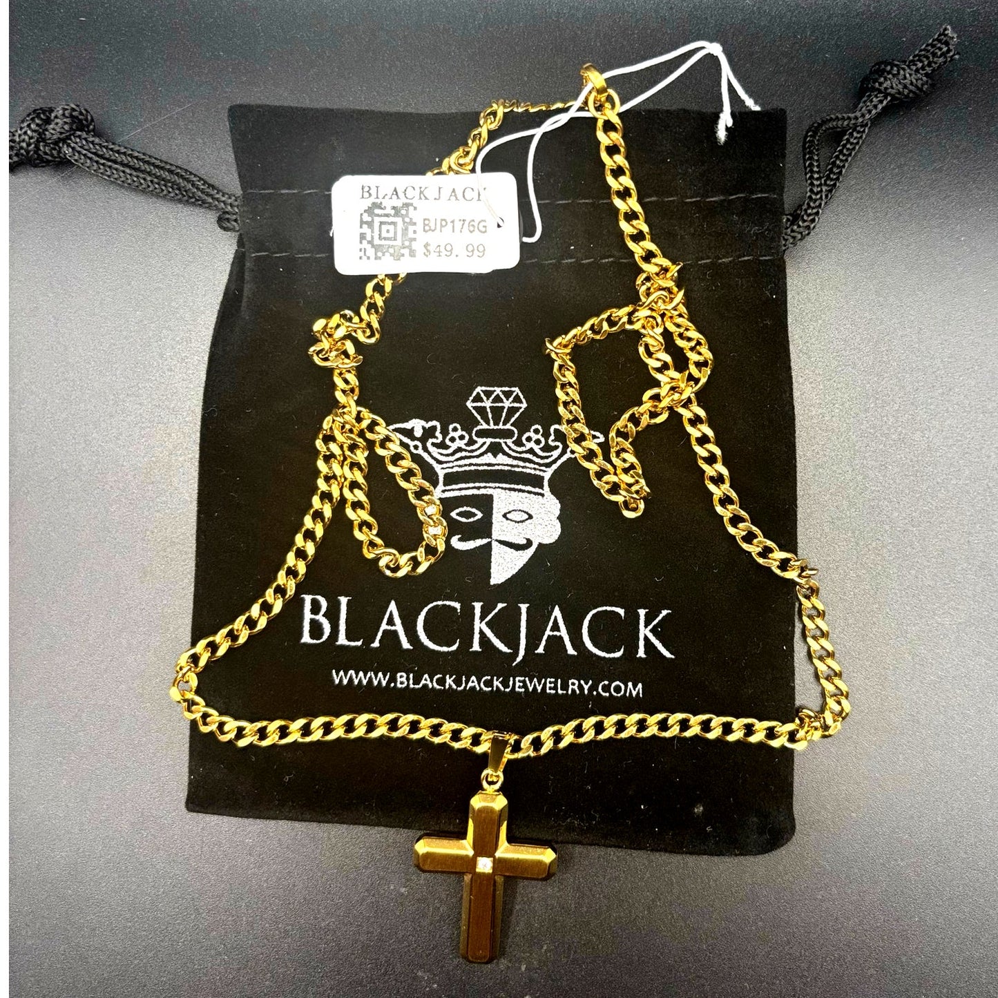 Blackjack BJP176G Mens Gold Stainless Steel Cross Pendant Necklace With CZ NIBWT