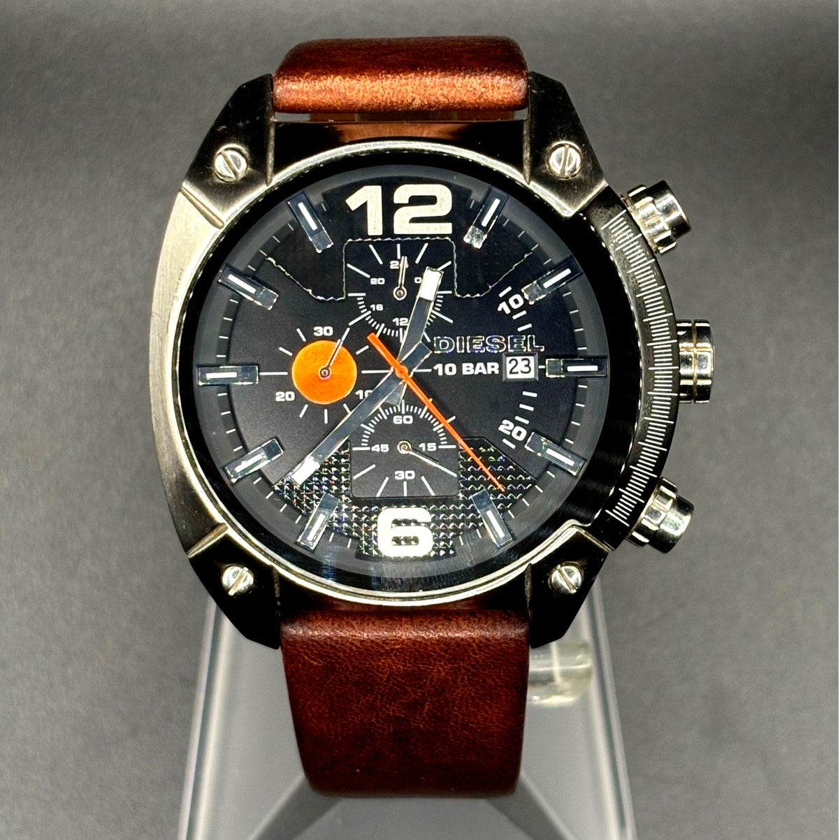 Diesel DZ4204 Men’s Overflow Chronograph Silver Case Brown Leather Watch