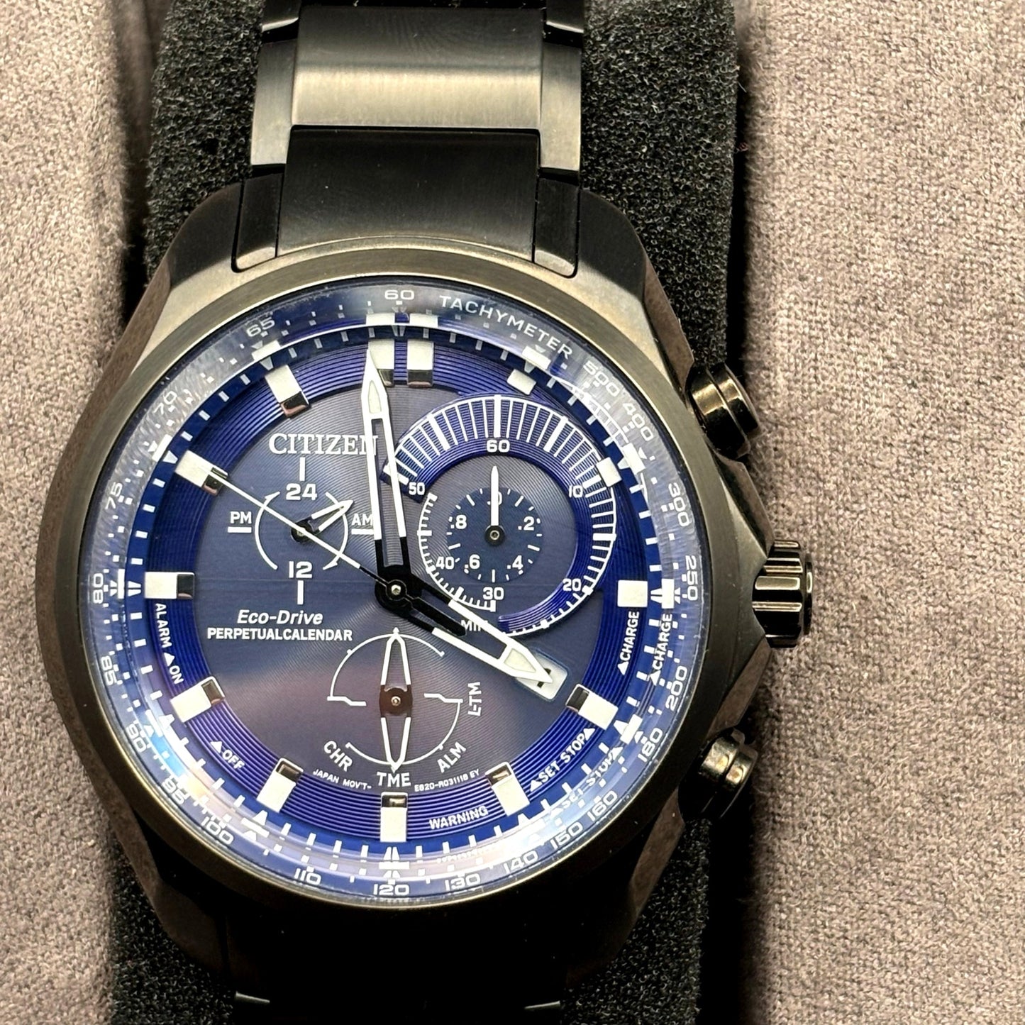 Citizen BL5607-54L Men’s Eco-Drive Sport Chronograph Blue Dial Black IP NIBWT