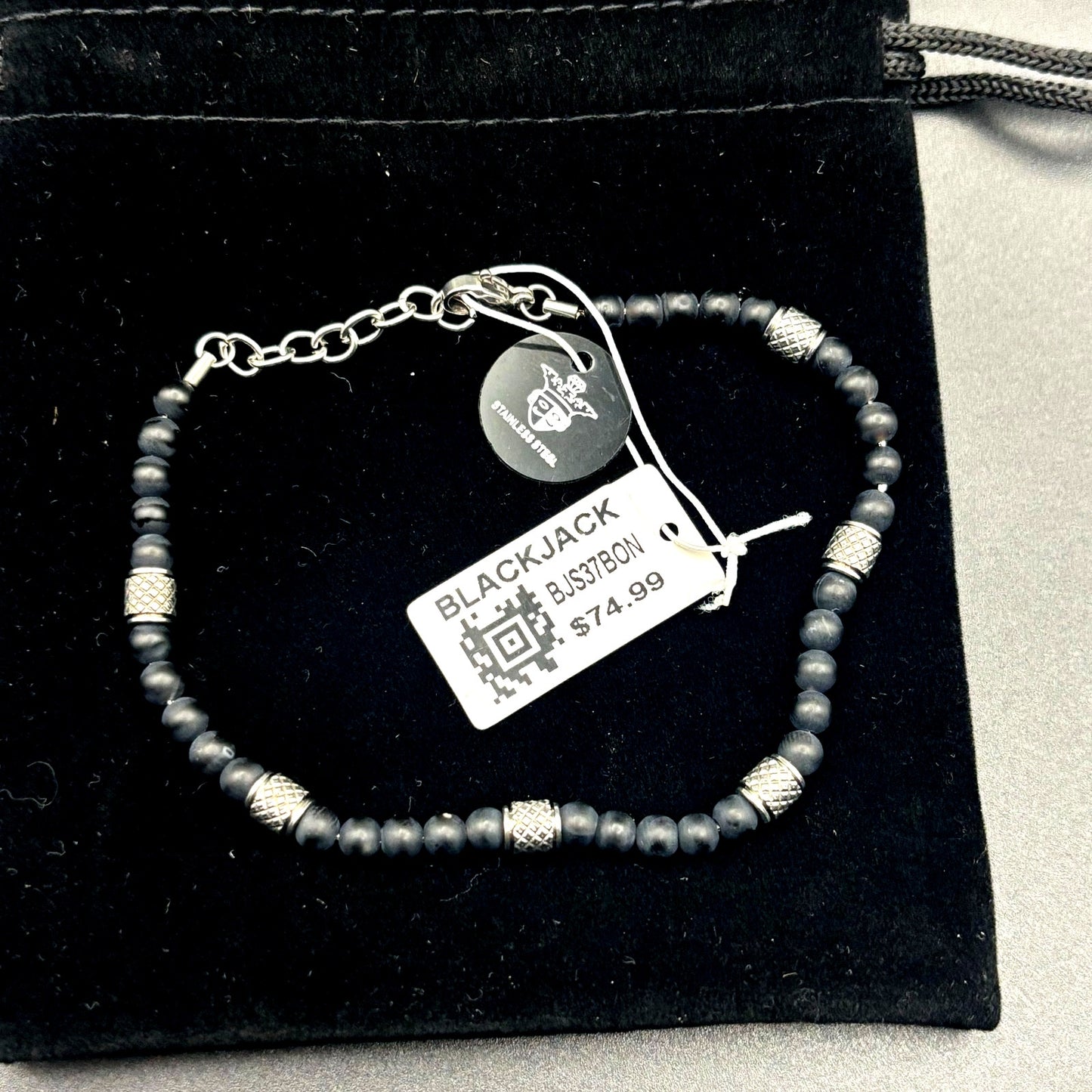 Blackjack BJS37BON Mens Genuine Onyx Stainless Steel Beaded Bracelet NIBWT