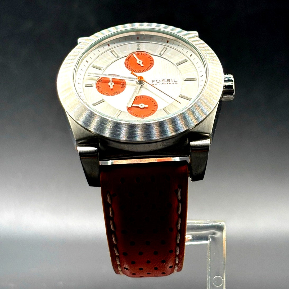Fossil Boyfriend BQ9355 Multifunction Silver Orange Dial Leather Watch 50M