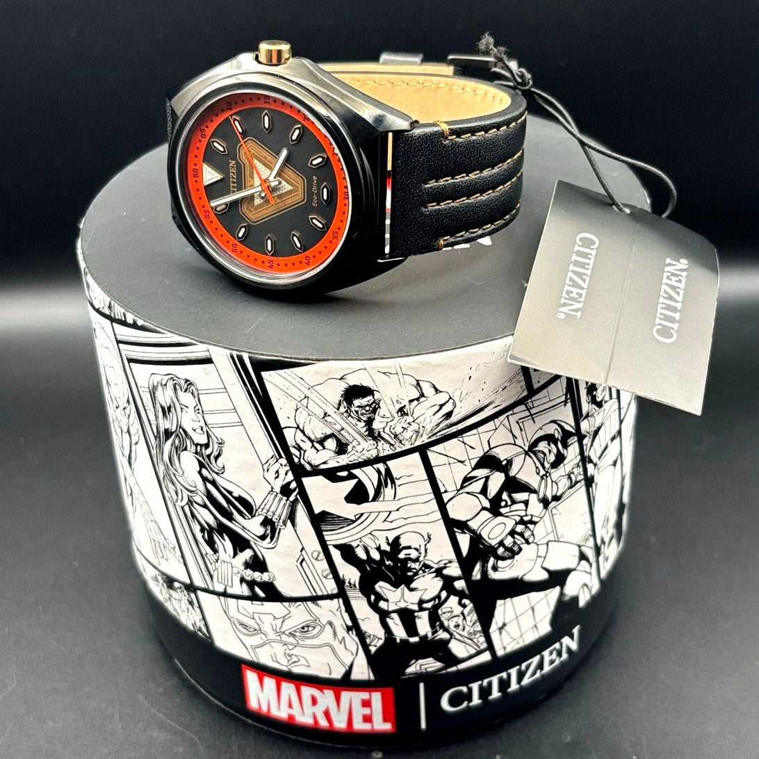 Citizen Eco-Drive Men's Marvel Tony Stark  AW2075-05W Leather Strap Watch NIBWT