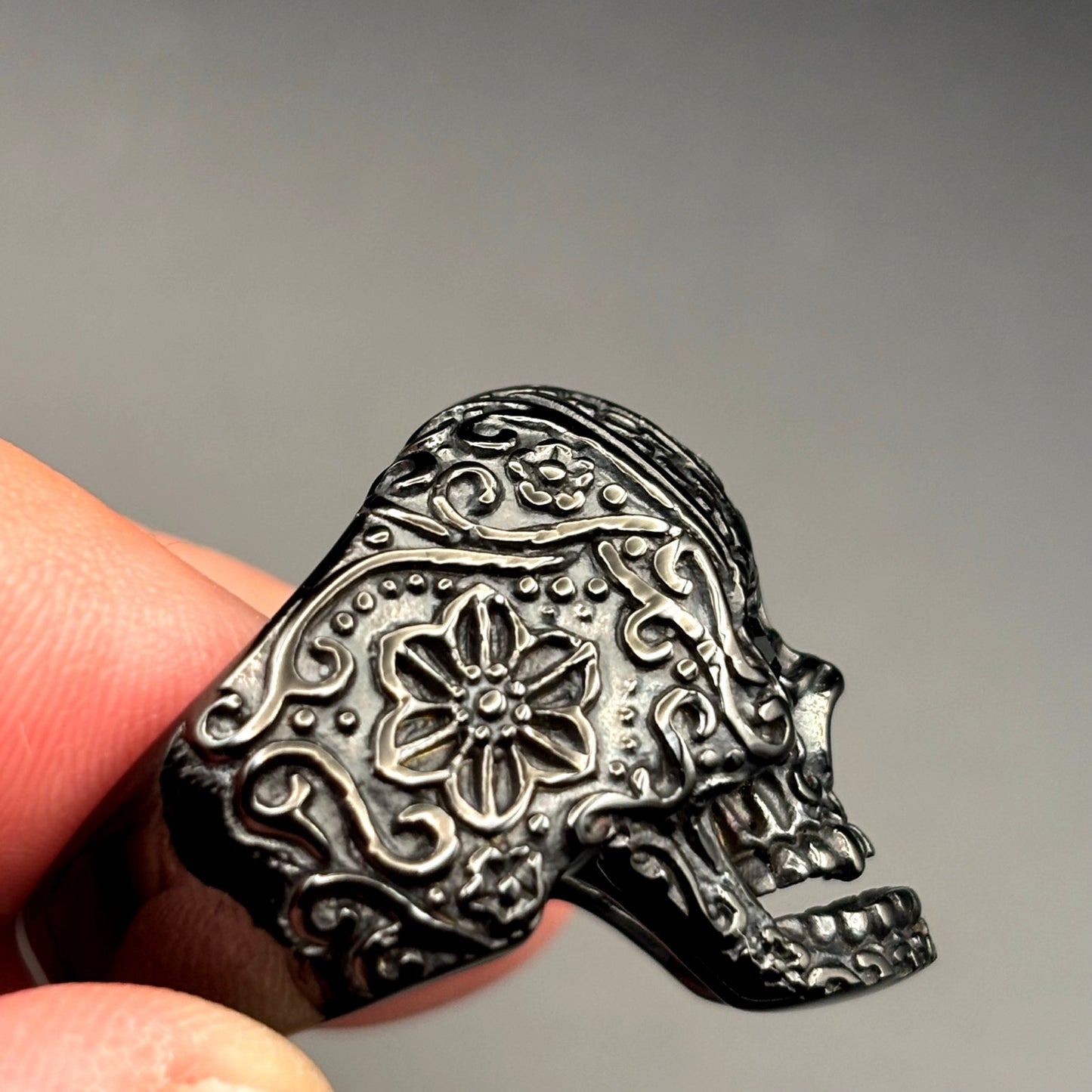 Blackjack BJZ10B Mens Skull Ring Black Stainless Steel with Black CZ Eyes Size10