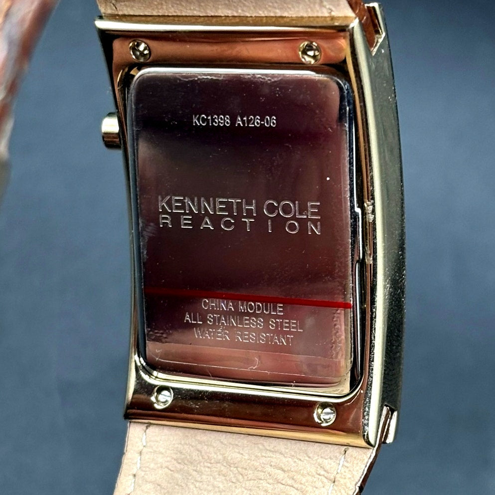 Kenneth Cole Reaction KC1398 Digital Gold Tone Brown Embossed Leather Watch Y2K