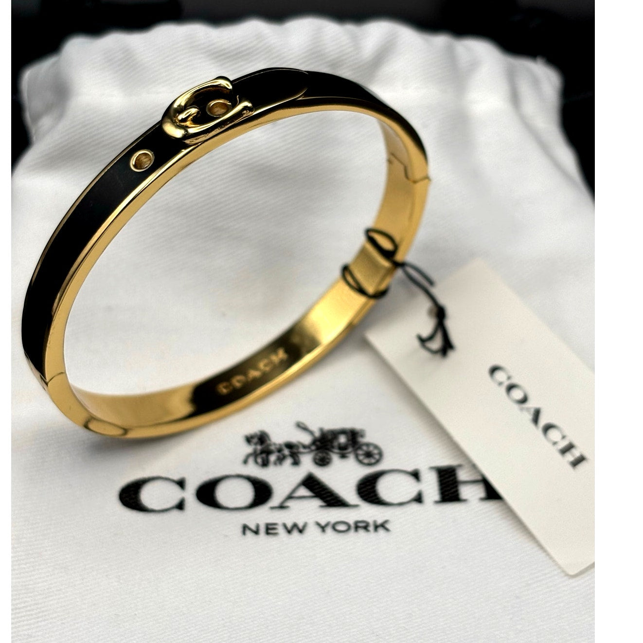 Coach 408104GLD001 Thin Enamel Signature Push Hinged Bangle Gold/Black NWT