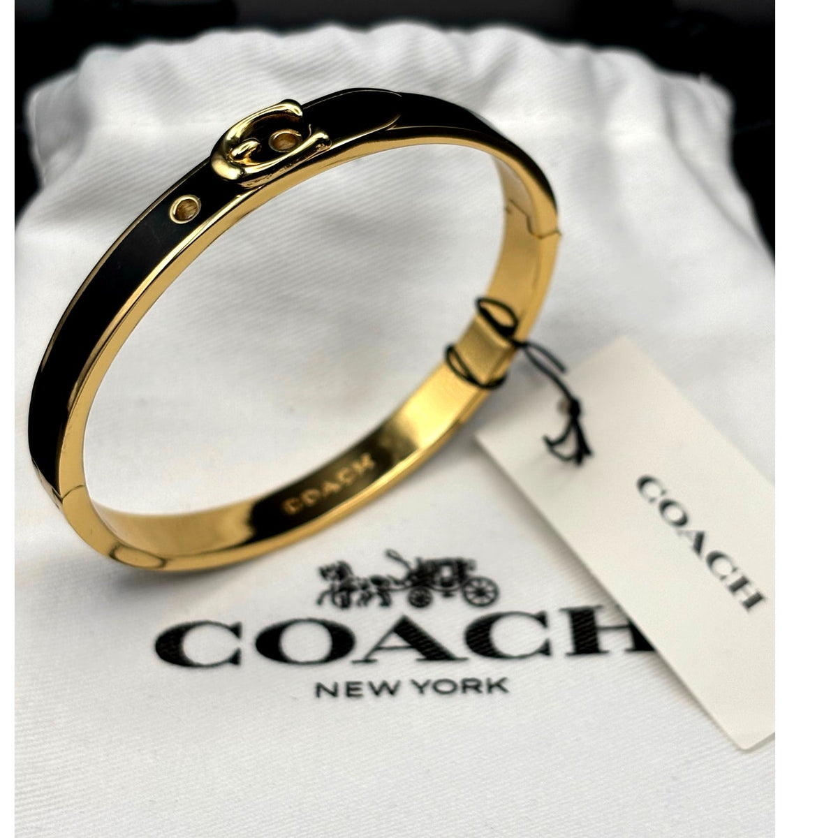 Coach 408104GLD001 Thin Enamel Signature Push Hinged Bangle Gold/Black NWT