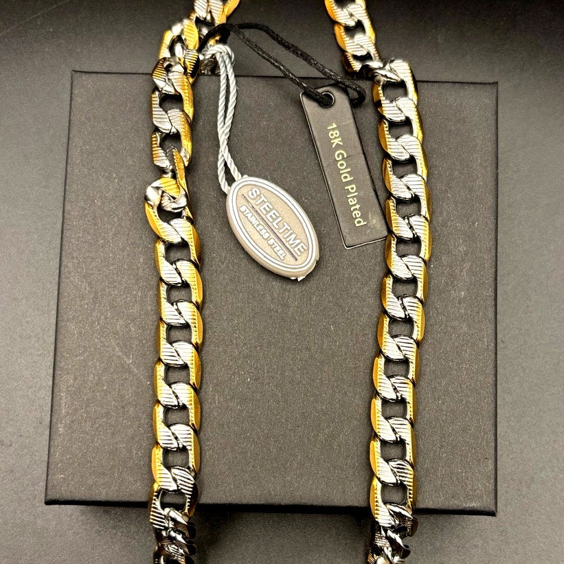 Steeltime 24" Men's 18k gold plated stainless steel flat curb chain necklace NWT