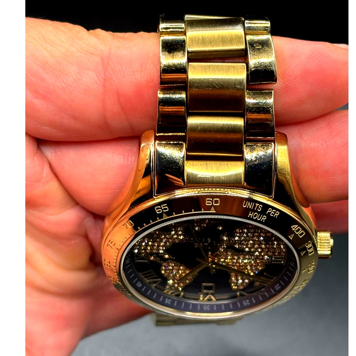 Michael Kors Layton MK6243 Gold Tone Blue Crystal Pave Globe Watch 44mm