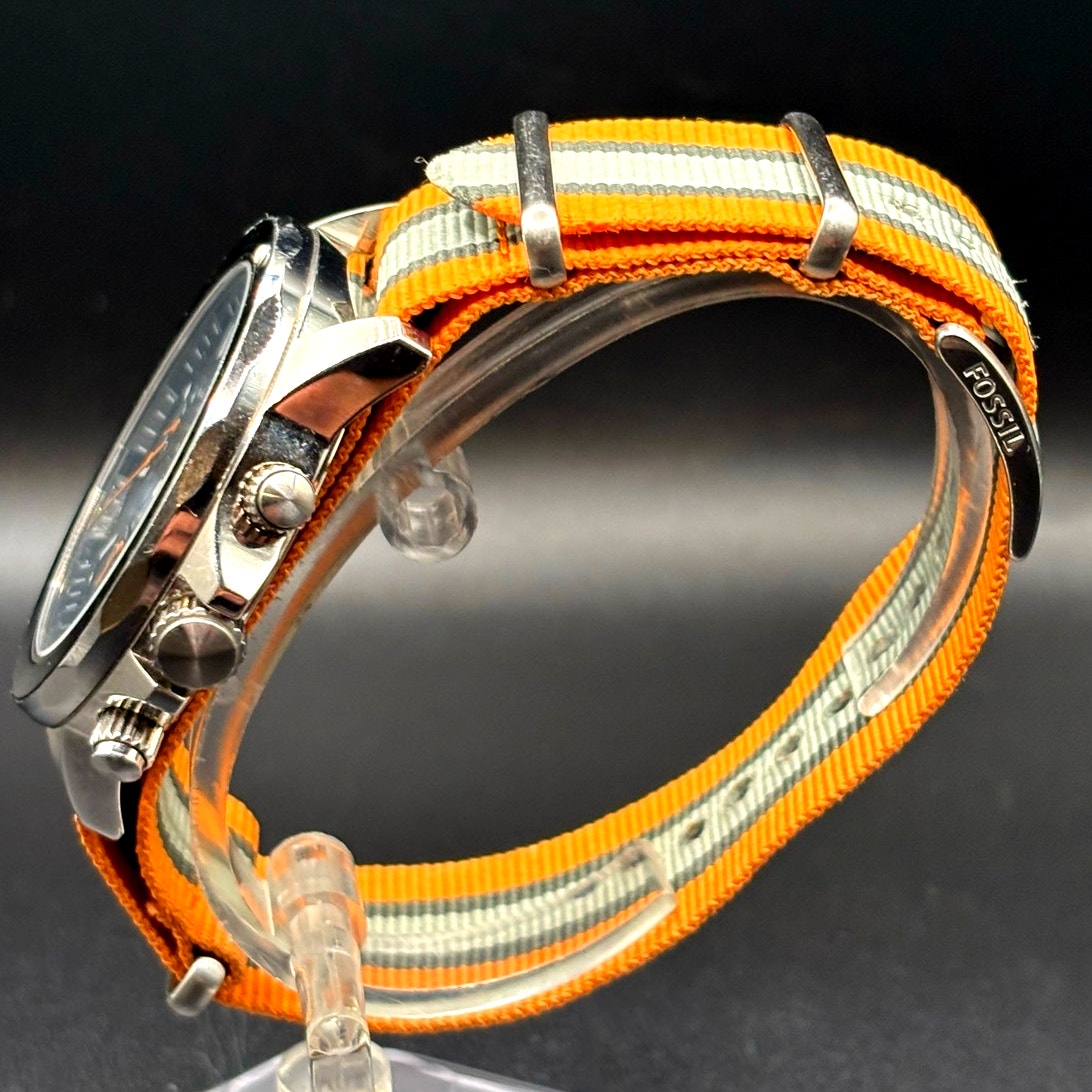 Fossil Bannon BQ2677 Multifunction Black Dial Orange Green Nylon Mens Watch 45mm