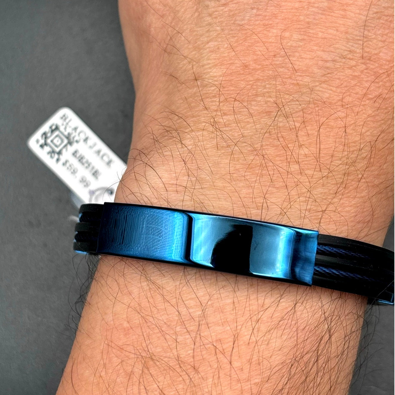 Blackjack BJB251BL Mens Blue Silicone Black Stainless Steel  Bangle ID Bracelet
