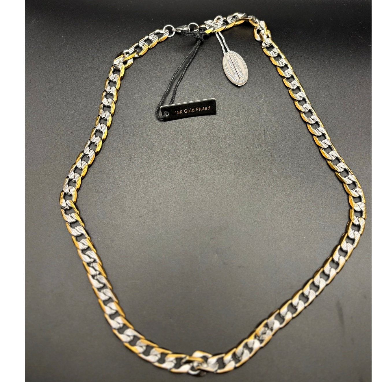 Steeltime 24" Men's 18k gold plated stainless steel flat curb chain necklace NWT