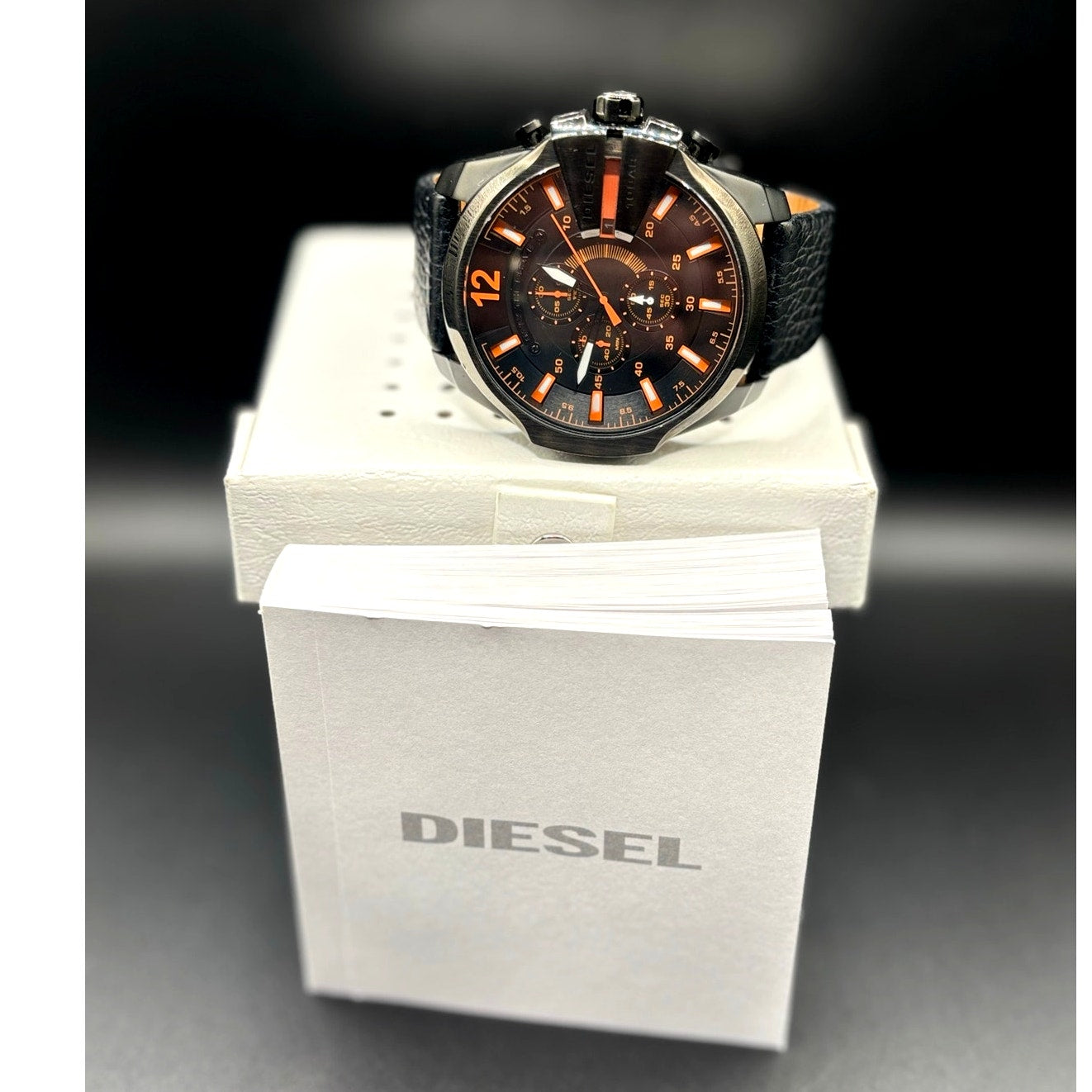 Diesel Mega Chief DZ4291 Black Orange Chronograph Leather Men's Watch 51mm