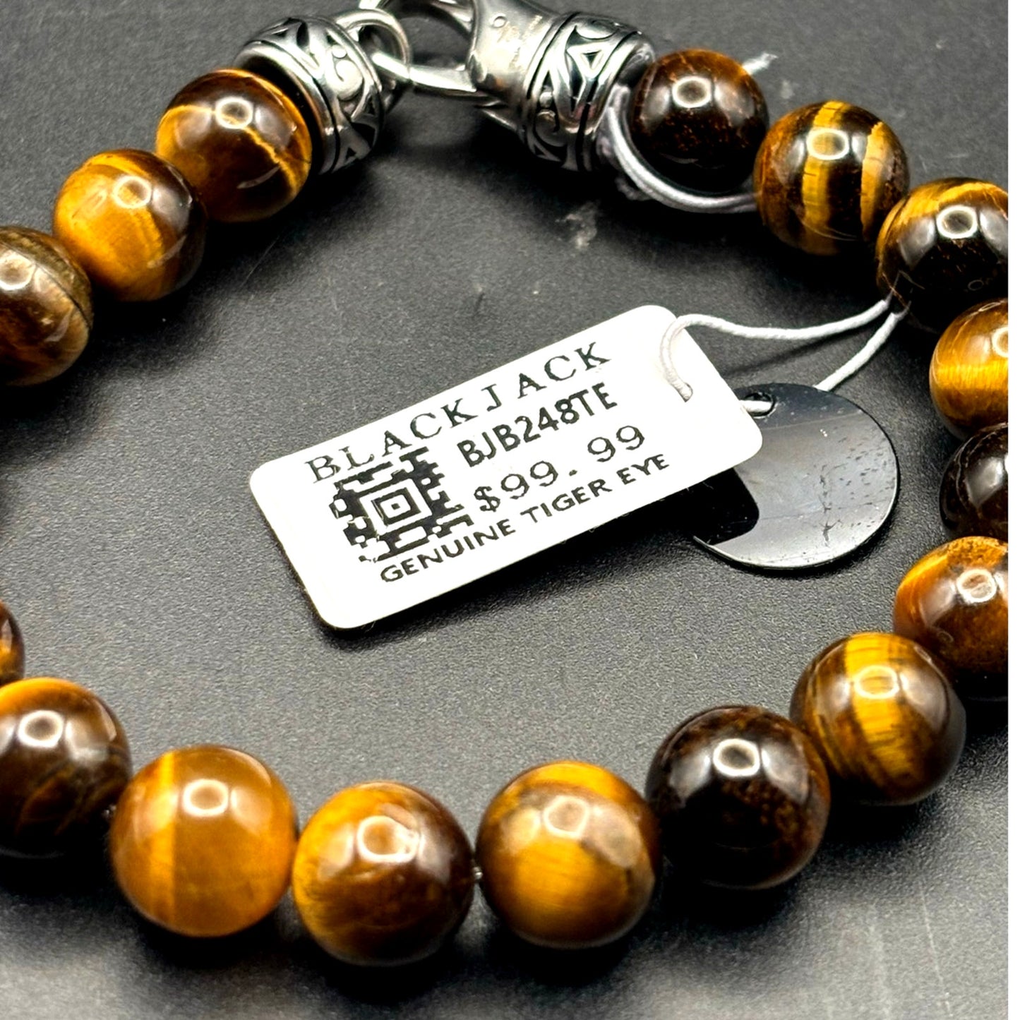 Blackjack BJB244BTE Mens Genuine 10mm Tiger Eye Stainless Steel Beaded Bracelet