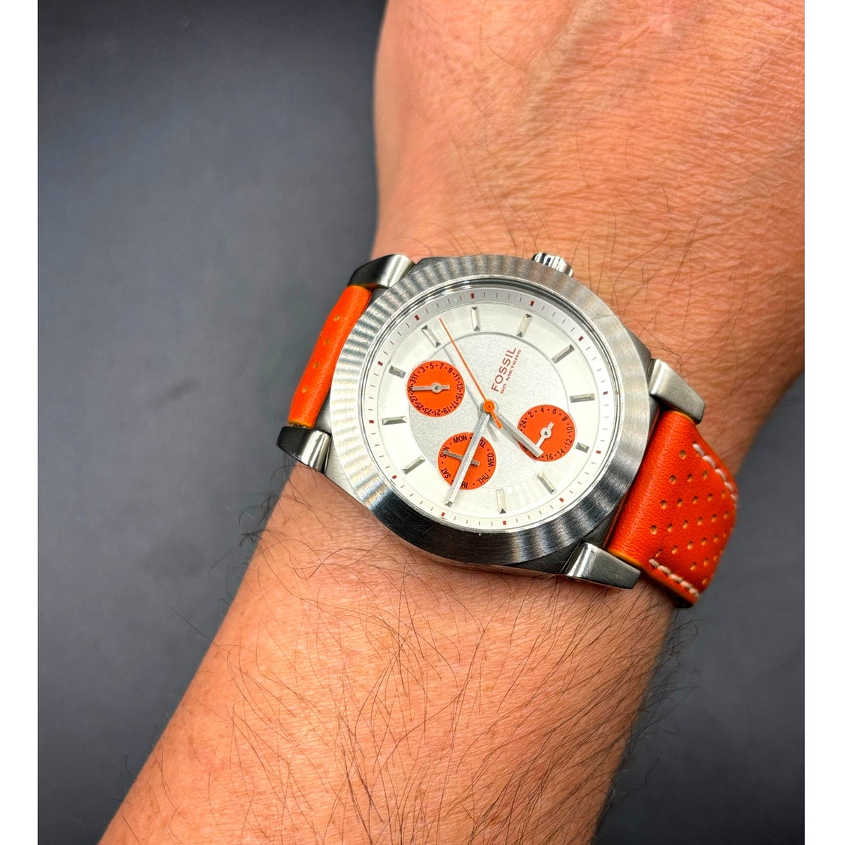 Fossil Boyfriend BQ9355 Multifunction Silver Orange Dial Leather Watch 50M