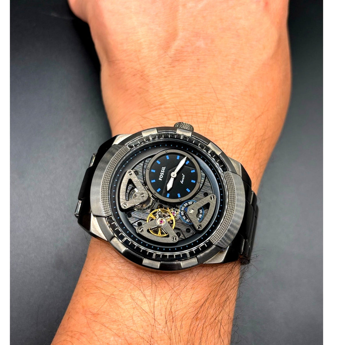 Fossil Bronson Twist ME1171 Semi Skeleton Smoke Stainless Steel 50mm Watch