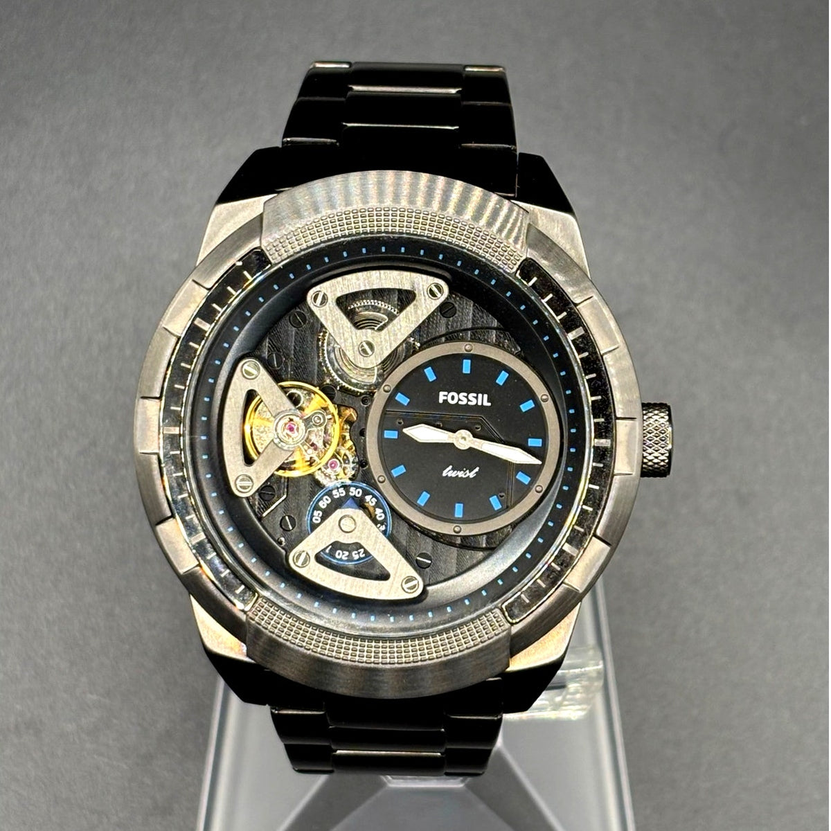 Fossil Bronson Twist ME1171 Semi Skeleton Smoke Stainless Steel 50mm Watch