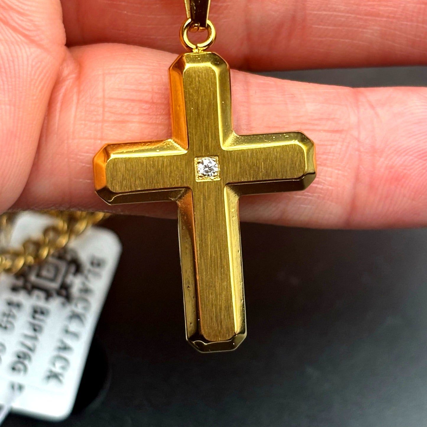 Blackjack BJP176G Mens Gold Stainless Steel Cross Pendant Necklace With CZ NIBWT