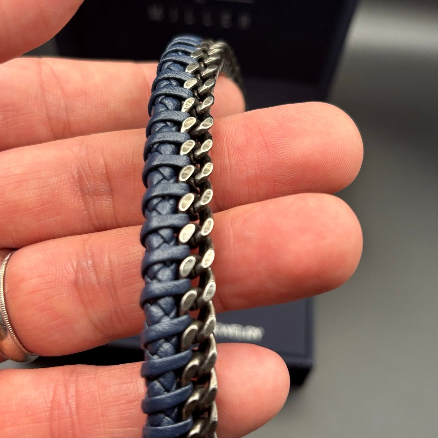 Bain Miller Mens Stainless Steel Blue Leather Woven Bracelet Slide Lock Clasp