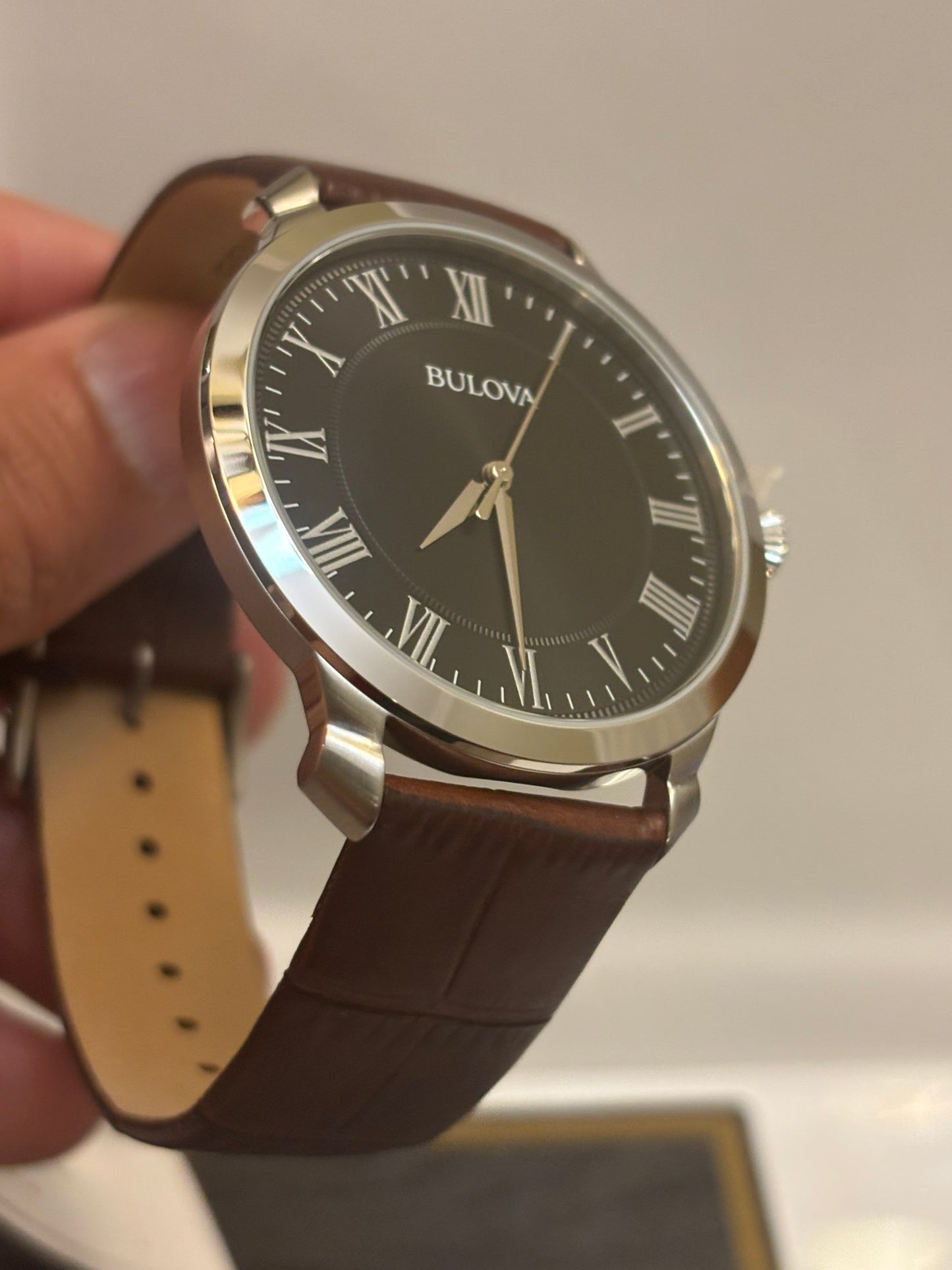 Bulova Classic 96A184 Men’s Black Dial Roman Numeral Brown Leather Watch