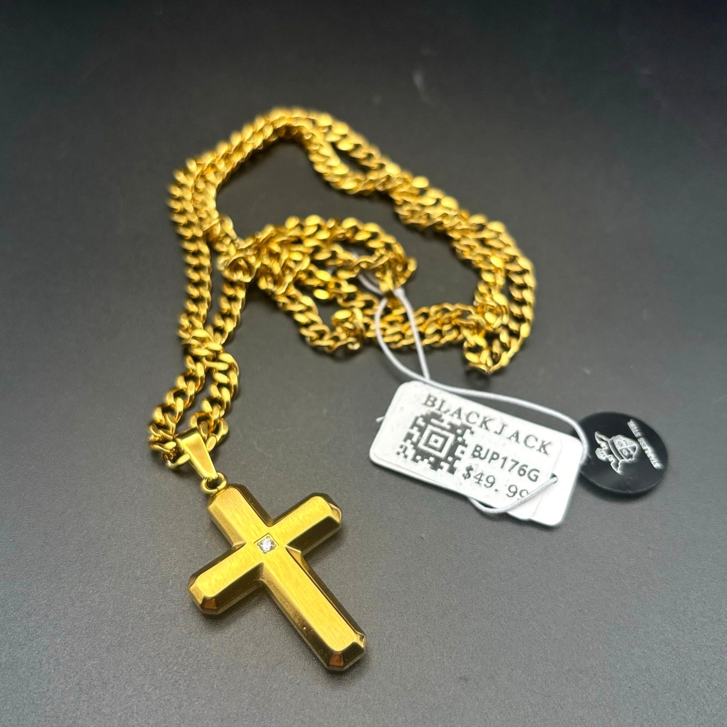 Blackjack BJP176G Mens Gold Stainless Steel Cross Pendant Necklace With CZ NIBWT