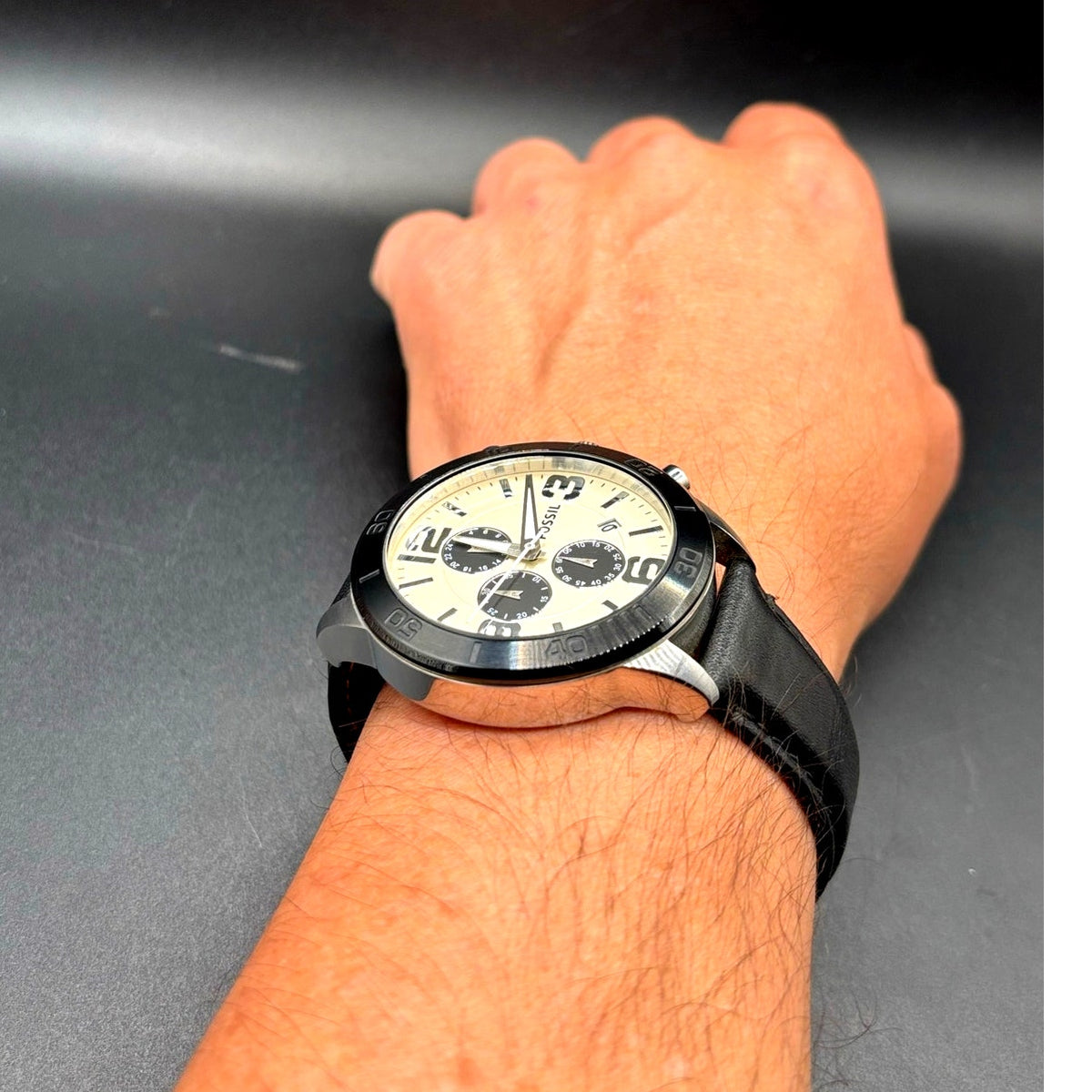 Fossil BQ2165 Chronograph Cream Dial Black Leather Men’s 45mm Watch
