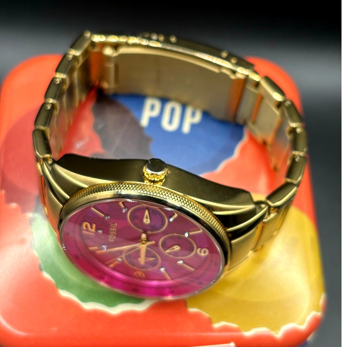 FOSSIL BQ1682 Stella Collection Hot Pink Dial Golden Bracelet Women's Watch