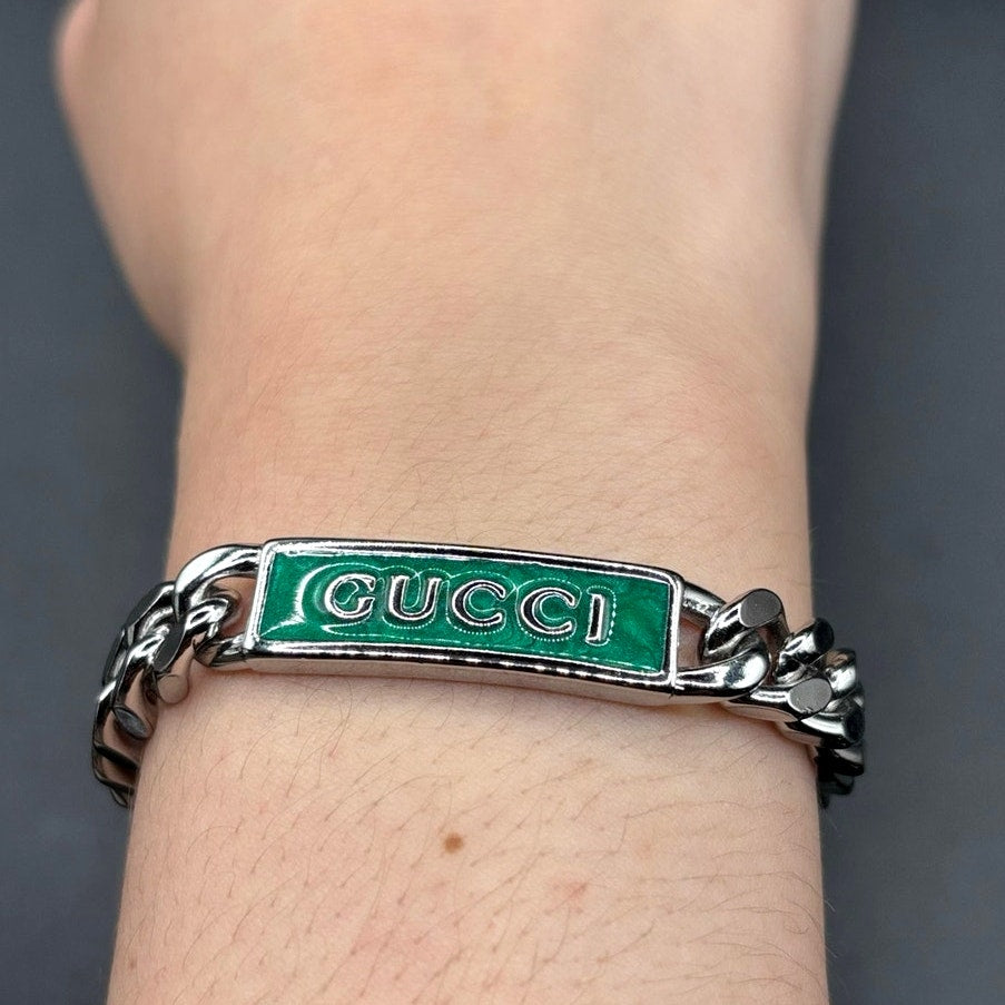 Gucci Sterling Silver Turquoise Enamel Logo ID Unisex Bracelet 7.5 NIB