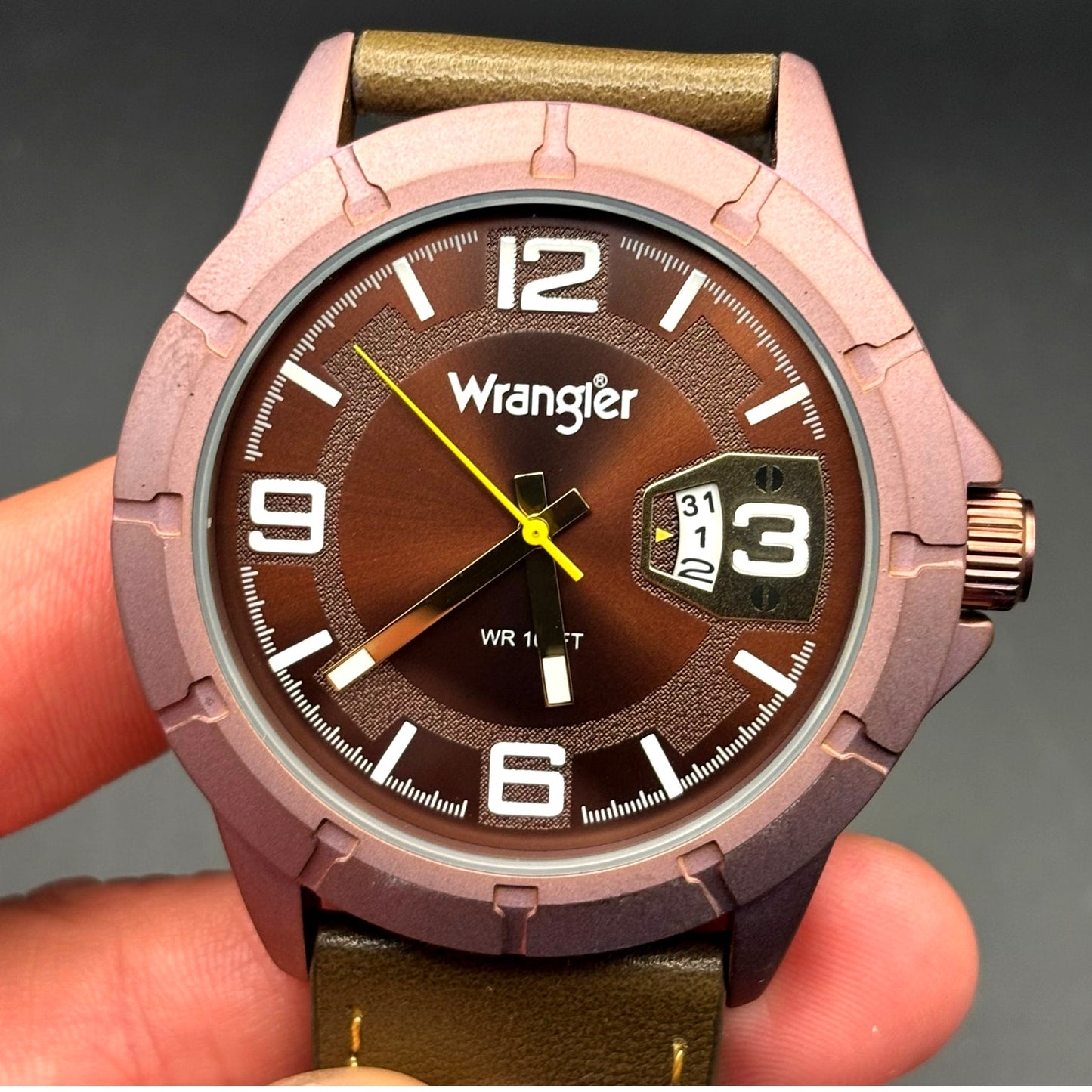 Wrangler WRW5001-5BR Men’s Purple Dial Watch Olive Brown Leather Strap NIBWT