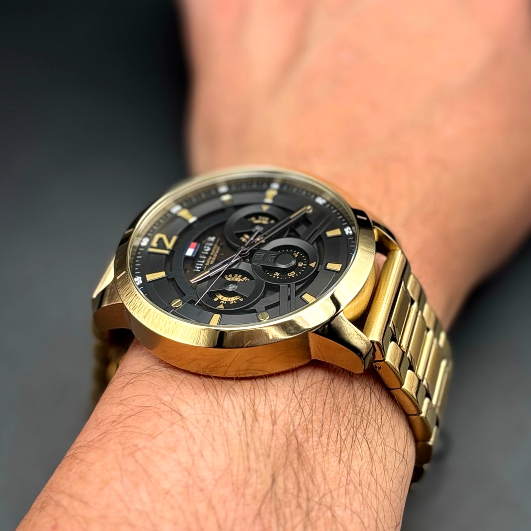 Tommy Hilfiger Luca 1710511 Men’s Multifunction Gold Tone Black Dial Watch NIBWT