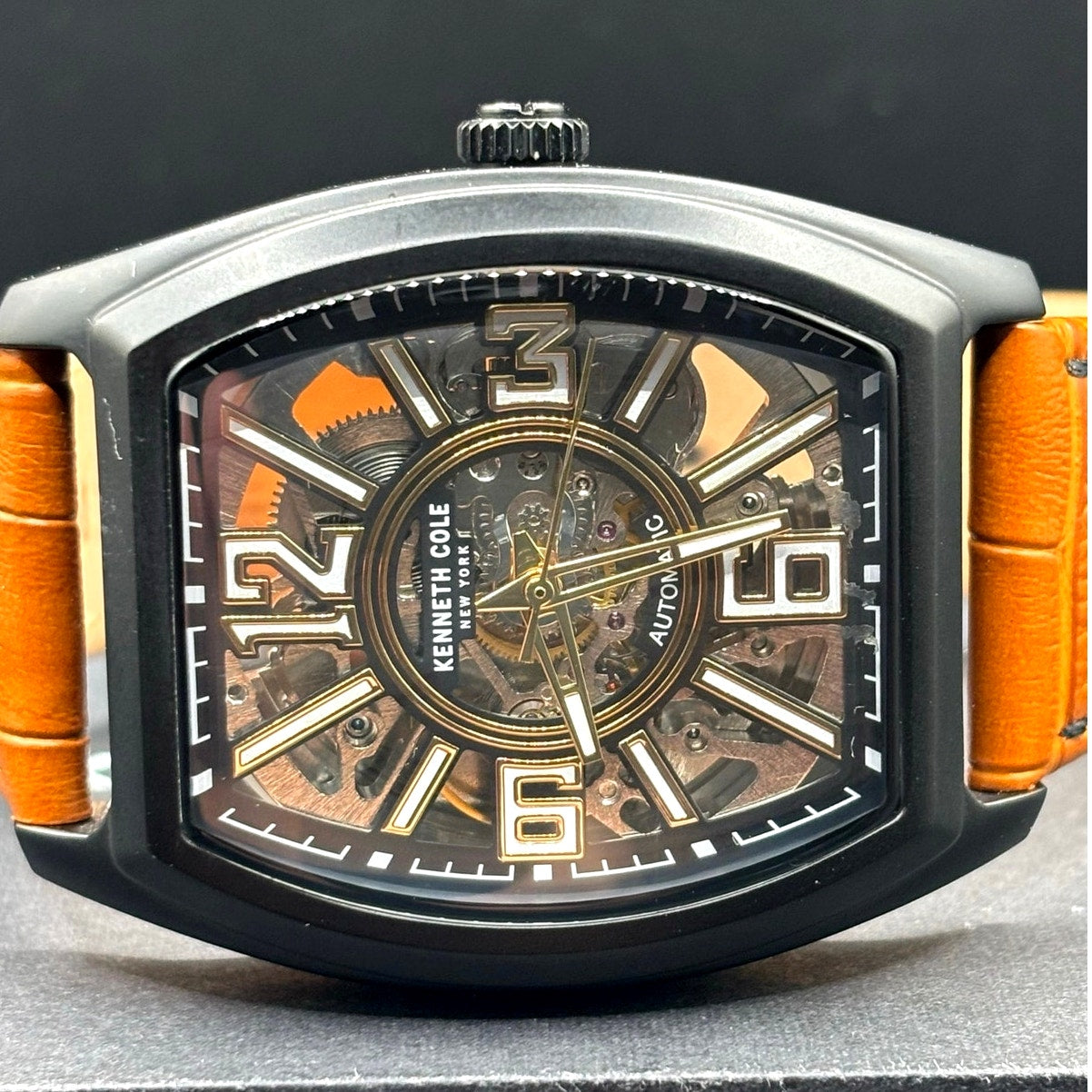 Kenneth Cole KC51083004 Automatic Skeleton Tonneau Leather Strap Men’s Watch