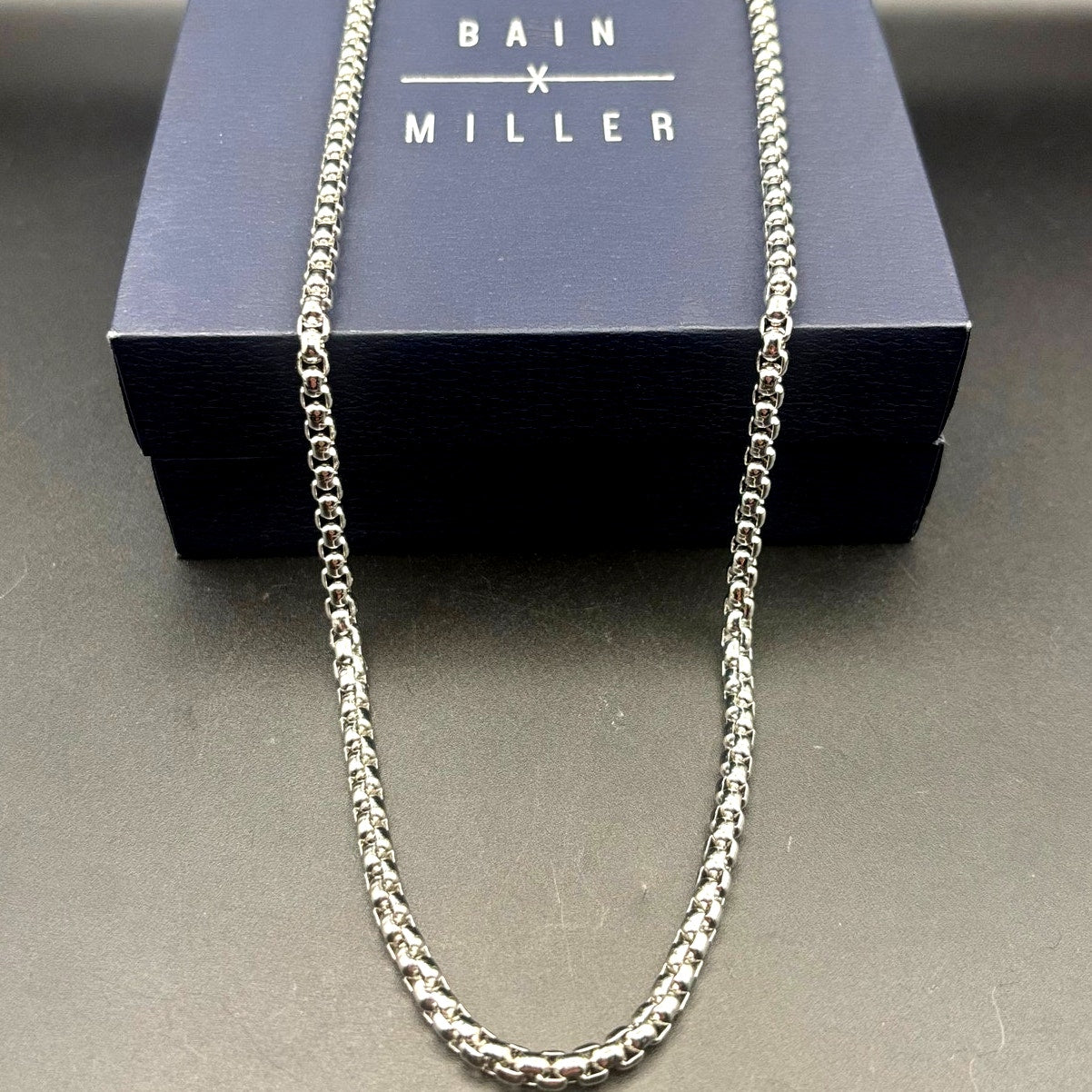 Bain Miller Men’s Silver Tone Brass Box Chain Necklace 21 Inches NIB
