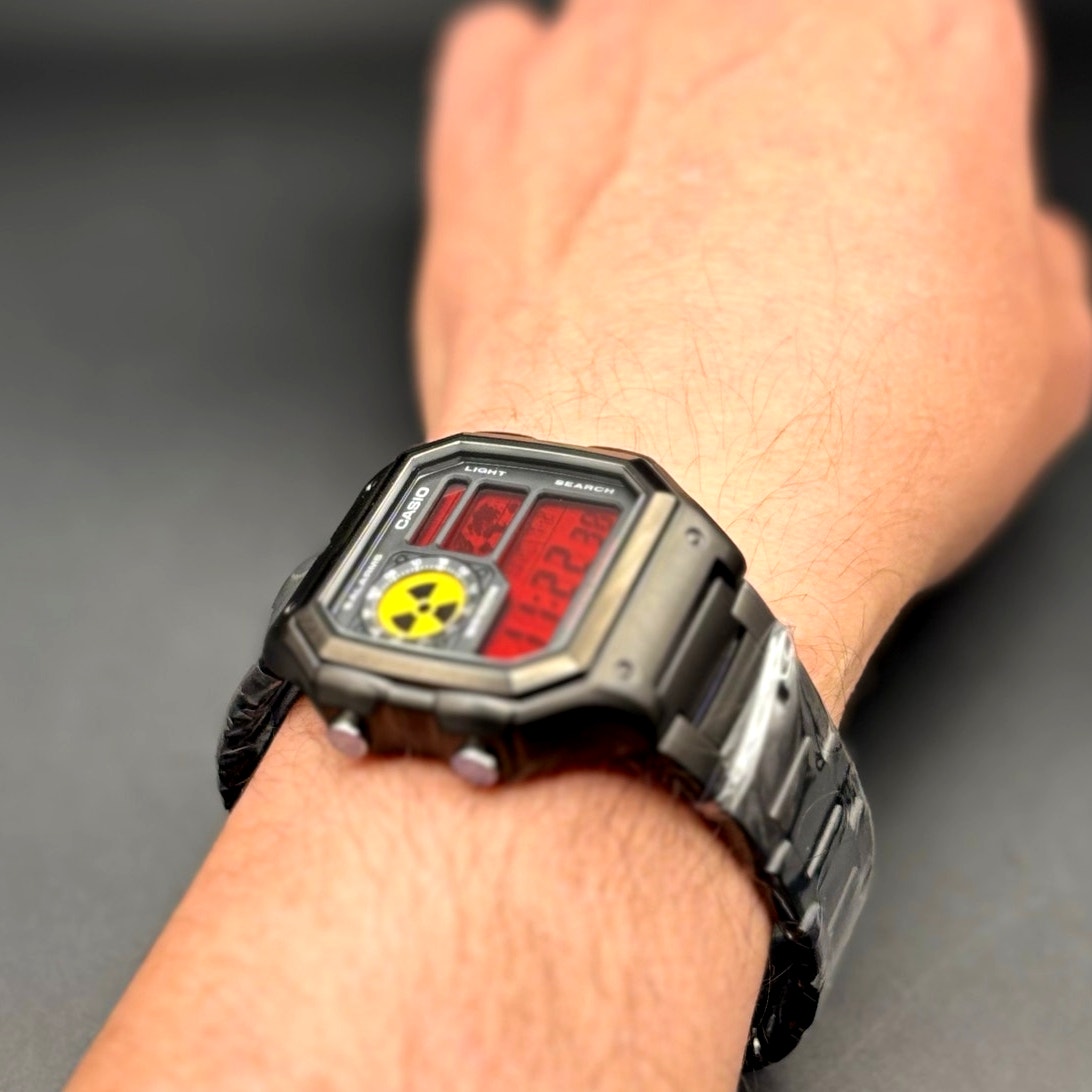 LWS Vector Mk-Blackout Casio AE1200 Dark Stainless Steel Glass Crystal Mod Watch