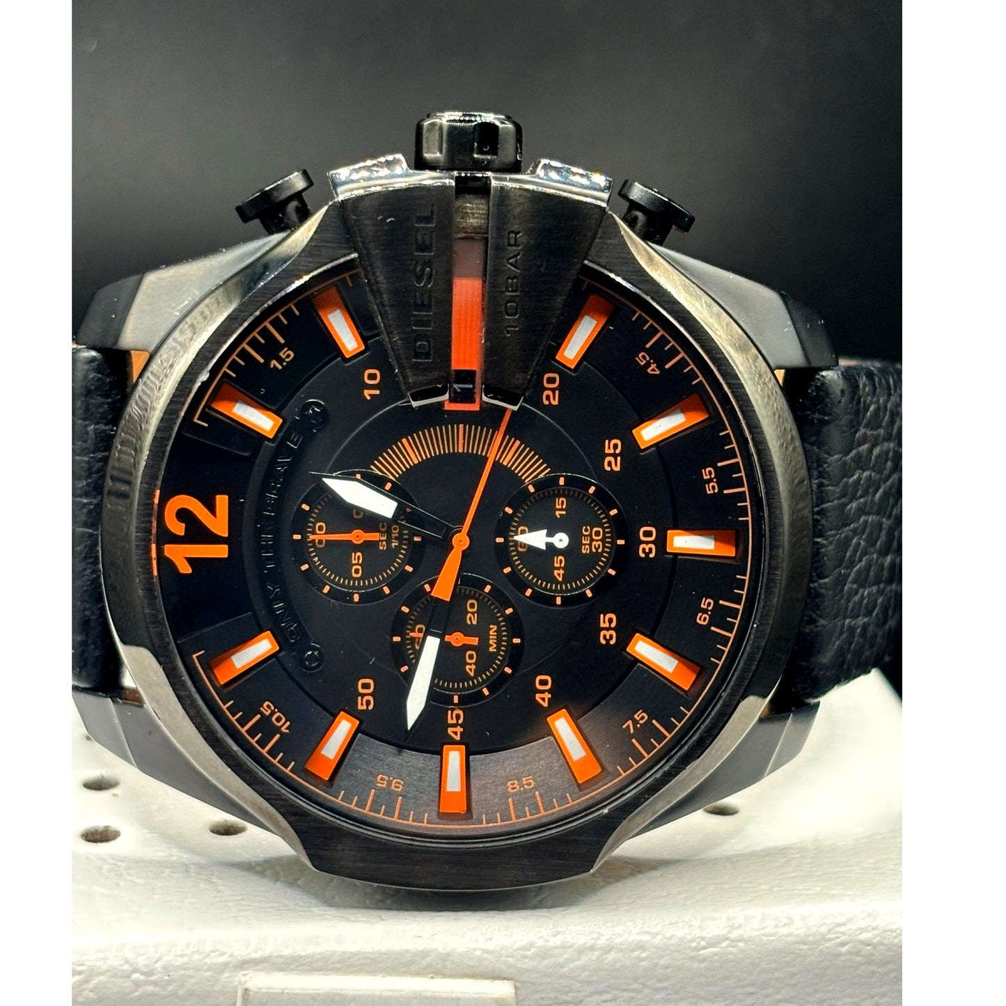 Diesel Mega Chief DZ4291 Black Orange Chronograph Leather Men's Watch 51mm