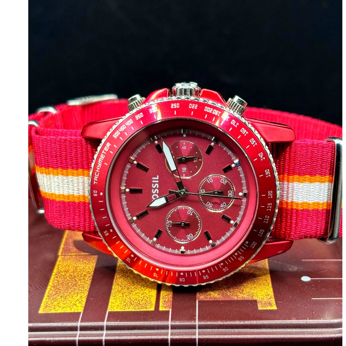 Fossil Stella CH2768 Red Chronograph 42mm Quartz NATO-Style Strap Women’s Watch