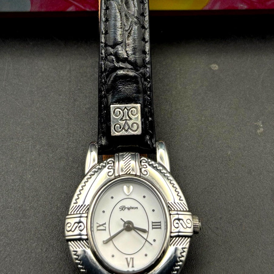 Brighton Moscow Women’s Silver Oval Black Italian Leather Vintage Watch NIB