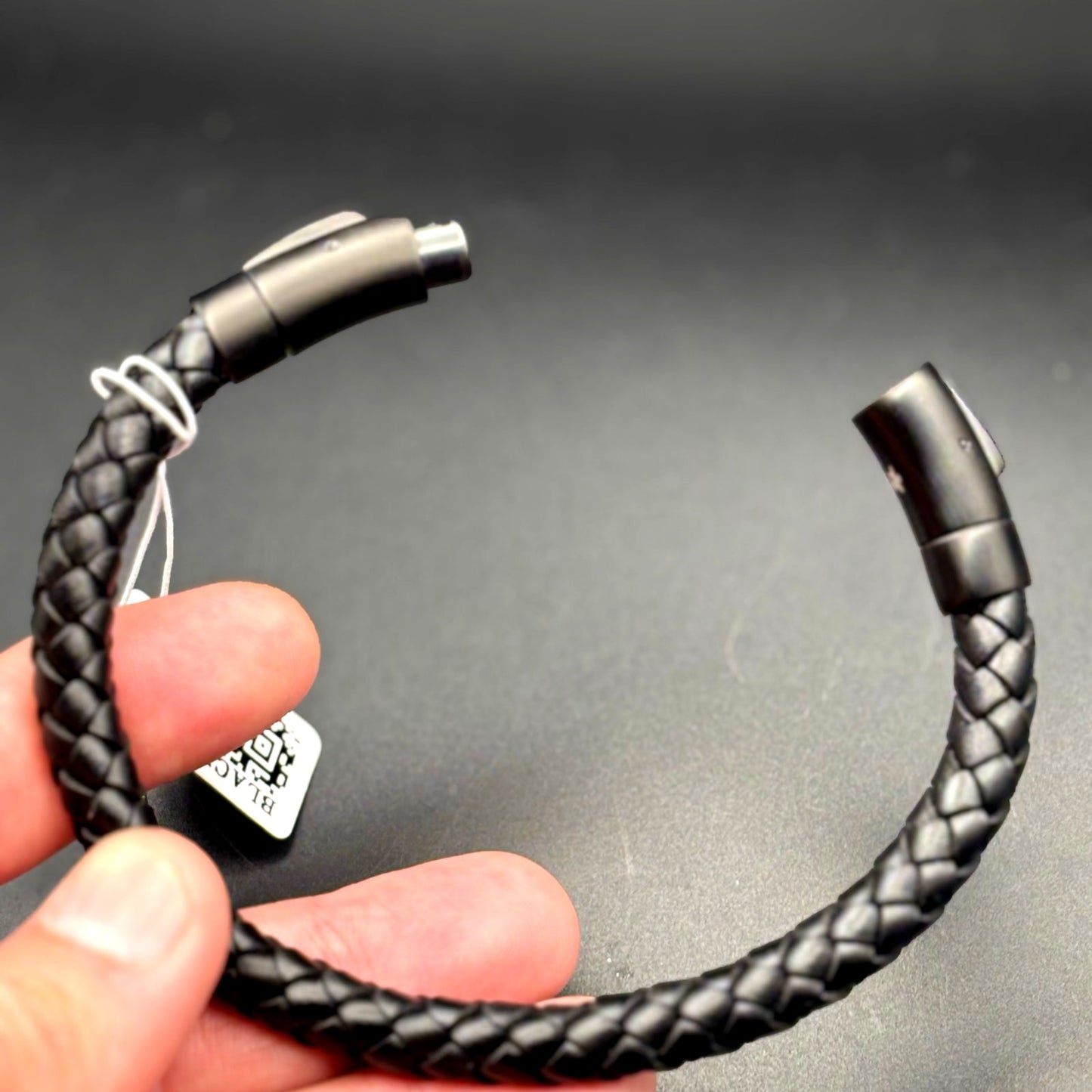 Blackjack BJB237BB Mens Black Leather Stainless Steel Extendable Bracelet NIBWT