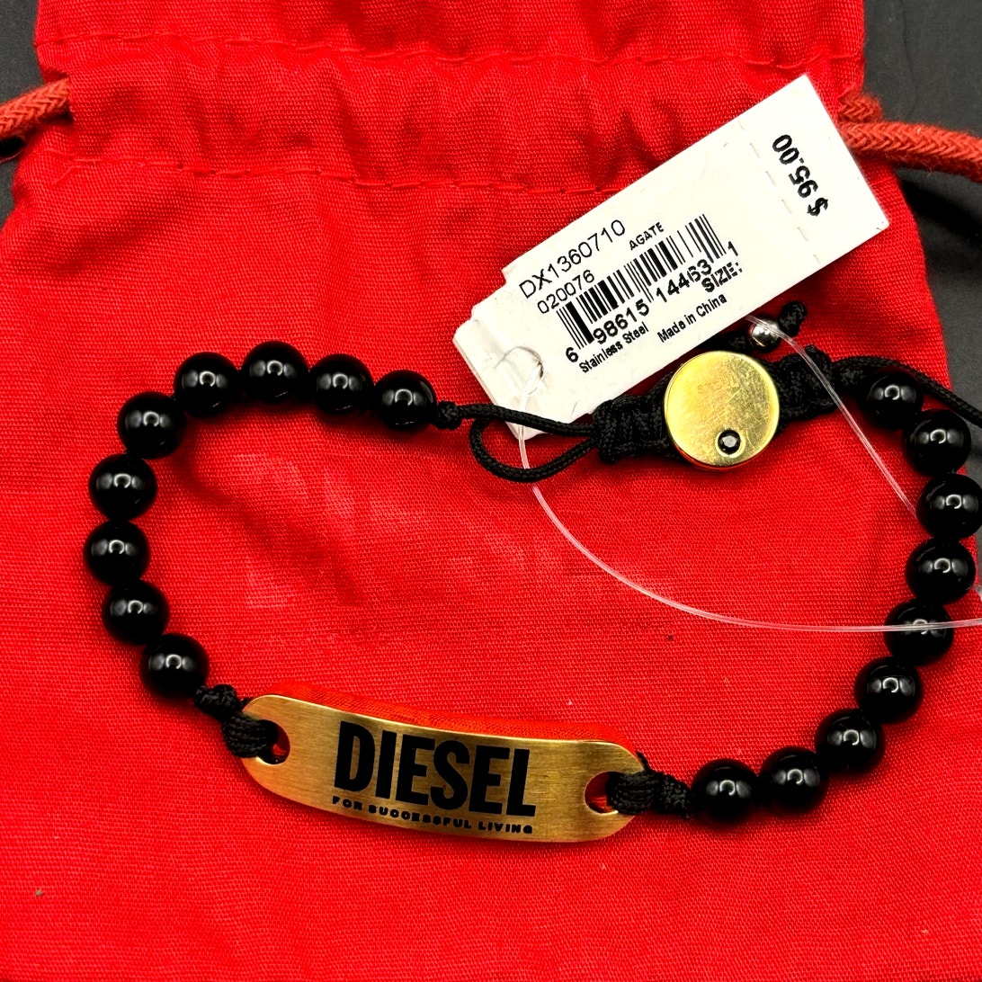 Diesel DX1360710 Men’s Black Bead Gold Tone ID Adjustable Bracelet NIBWT