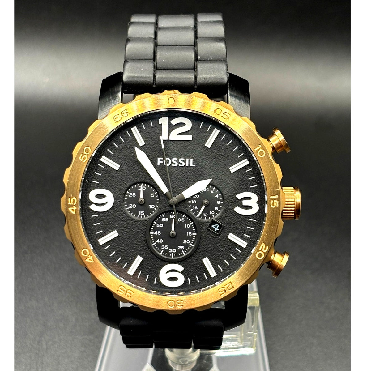 Fossil Nate JR1369 Chronograph 50mm Rose Gold Black Silicone Men’s Watch
