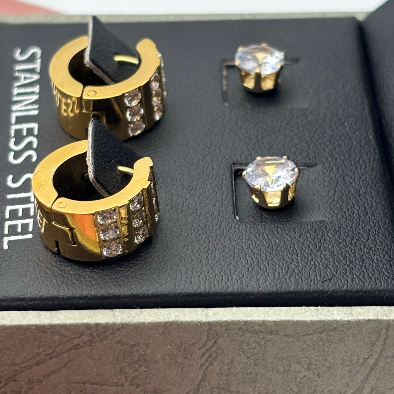 SteelTime Men’s Stainless Steel Earring Set – Gold Huggies + CZ Studs
